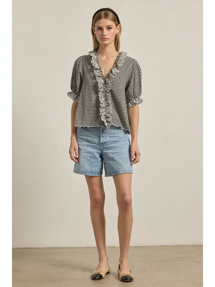 Lace Ruffle Blouse - Black Gingham