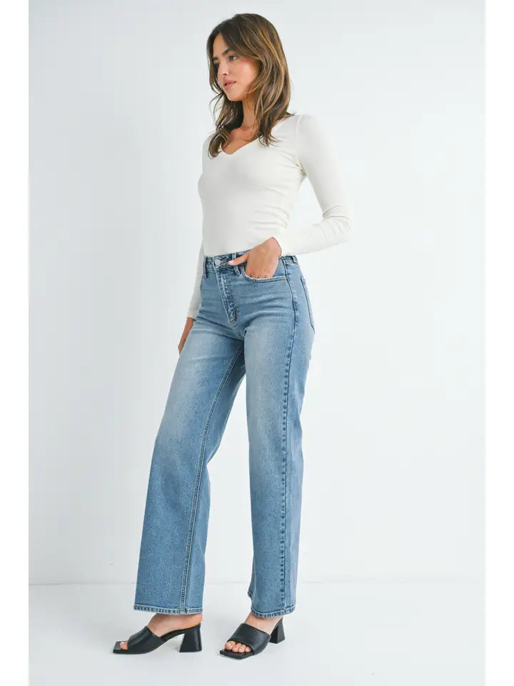 High Rise Full Length Straight Jean - Medium Denim