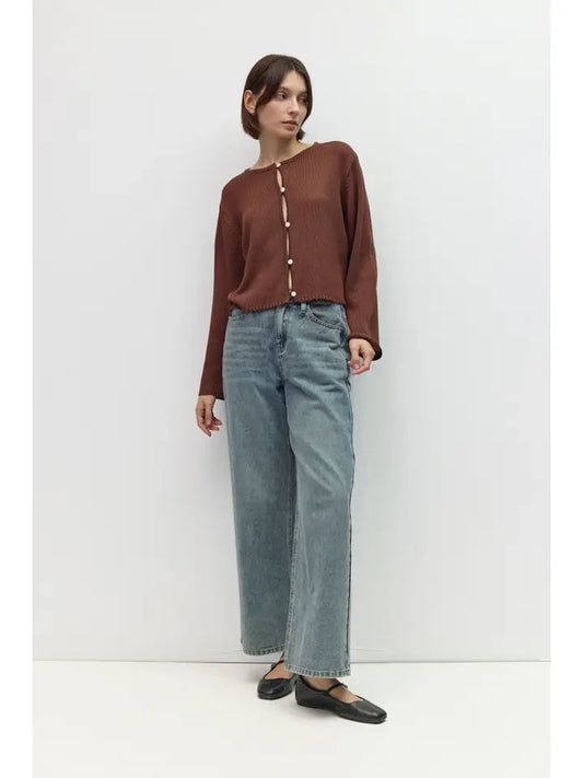 Open Button Hole Long Sleeve Cardigan - Brown