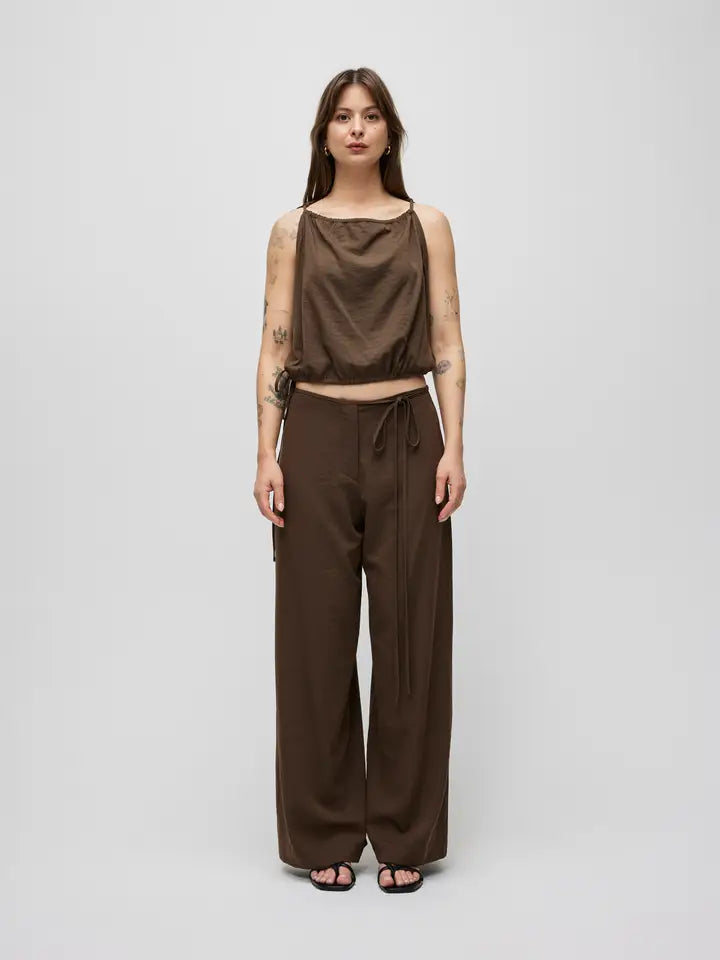Tie Front Lightweight Pants - Brown