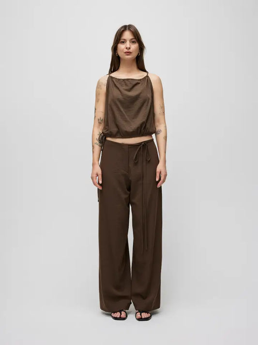 Tie Front Lightweight Pants - Brown