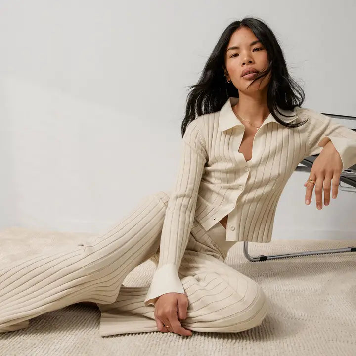 Lunya - Cotton Silk Ribbed Button Up - Calm Tan/Sincere White