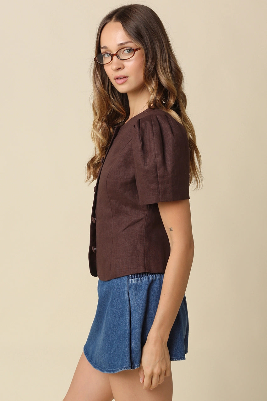 Nataly Puff-Sleeve Button-Front Blouse - Brown