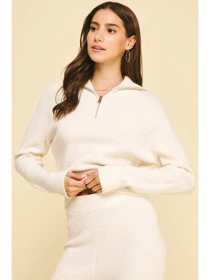 Waffle Textured Zip-Up Sweater - Cream