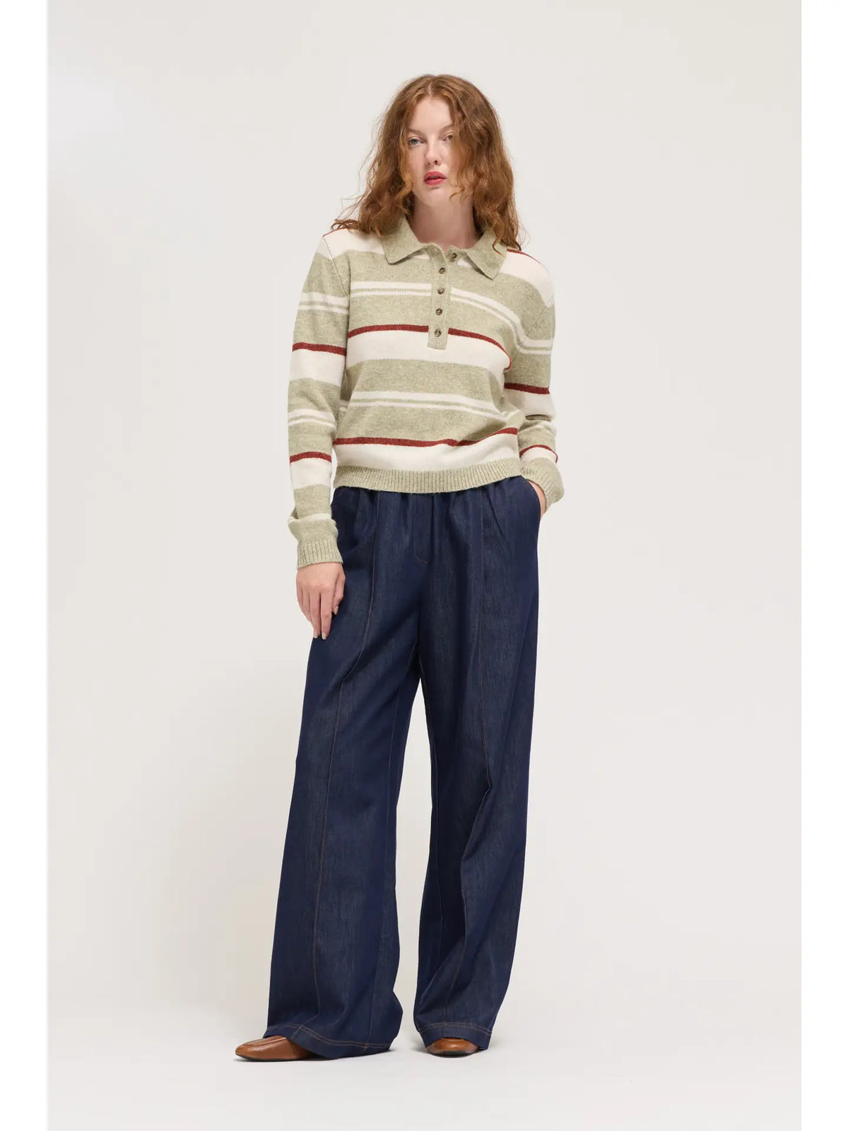 Grade + Gather - Multi Stripe Collared Sweater - Artichoke Multi
