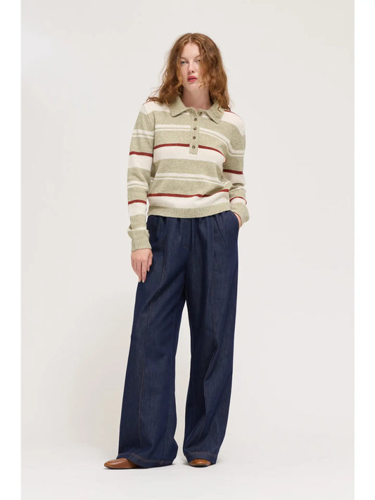 Grade + Gather - Multi Stripe Collared Sweater - Artichoke Multi