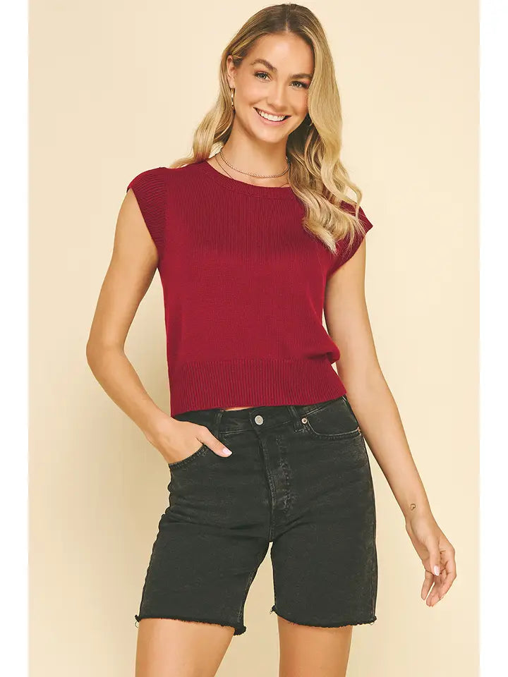 Cap Sleeves Knit Top - Cherry