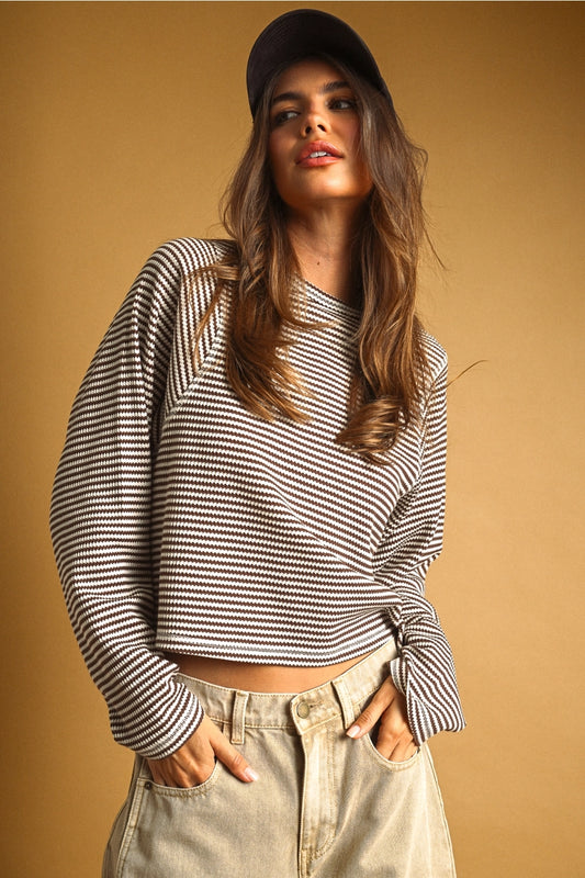 Striped Waffle Long Sleeve Top - Brown