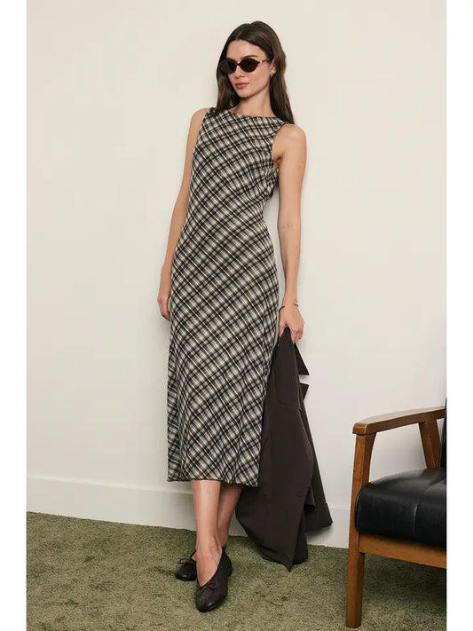 Plaid Mesh Maxi Dress - Black Ivory Plaid