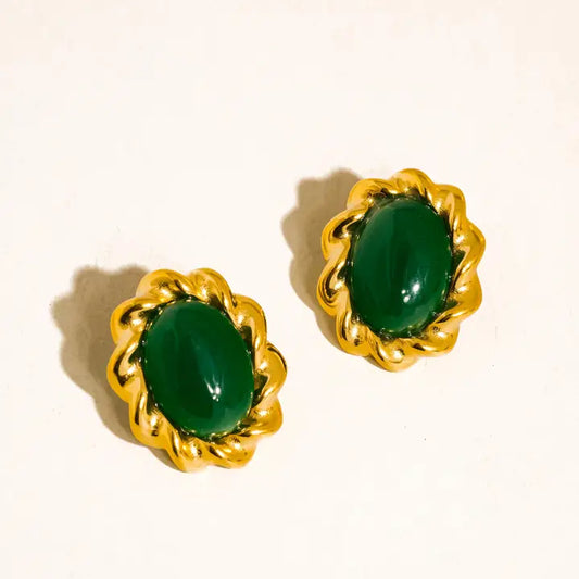 Eulie 18K Non-Tarnish Vintage Stone Earring - Green
