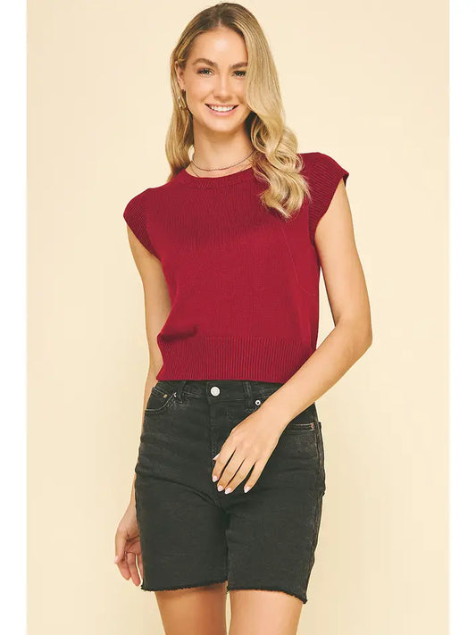 Cap Sleeves Knit Top - Cherry
