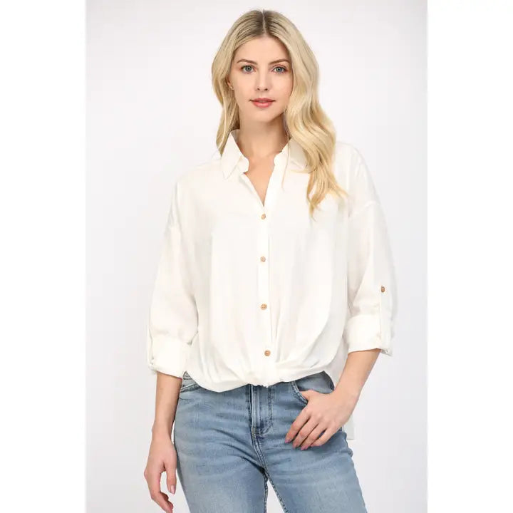 Knotted Front Detail Button Down Shirt - Off White