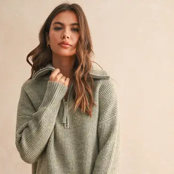 Waffle Pattern Quarter Zip Sweater Top - Olive