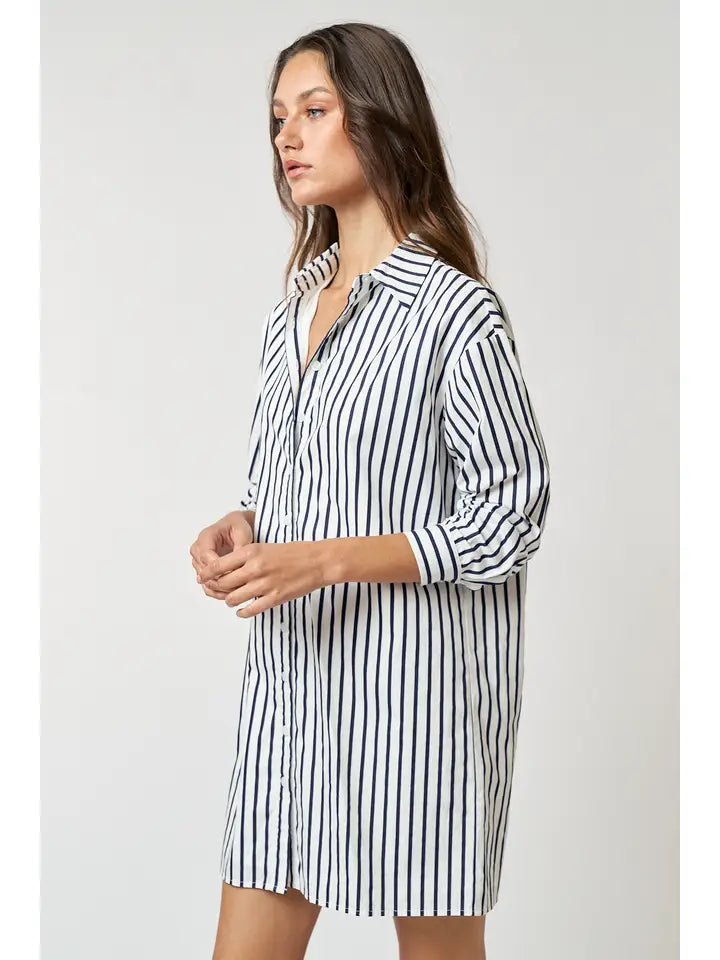 Striped Collar Button Up Shirt Dress - Off White + Navy