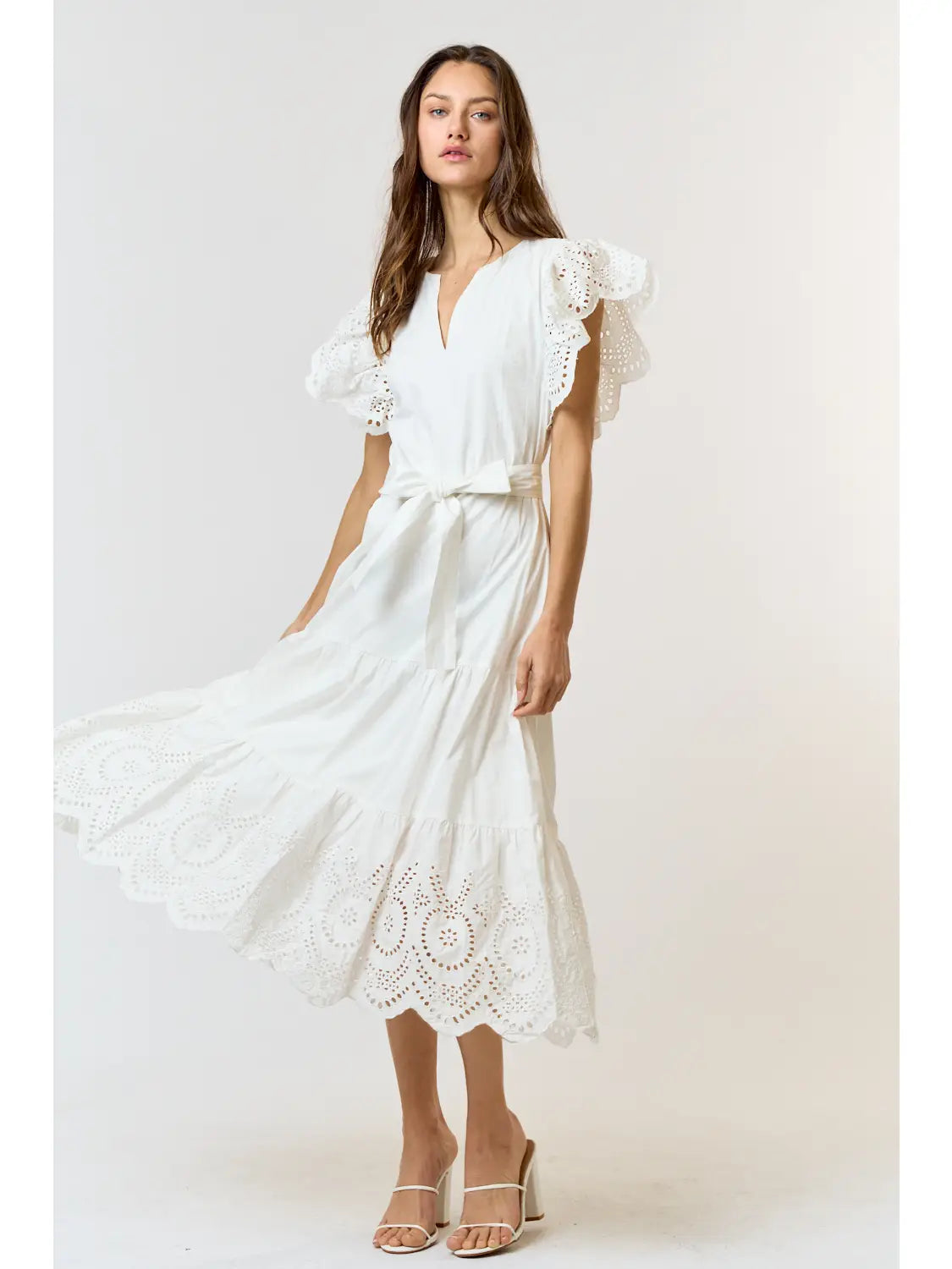 Cotton Eyelet Scalloped Midi Dress - Off White