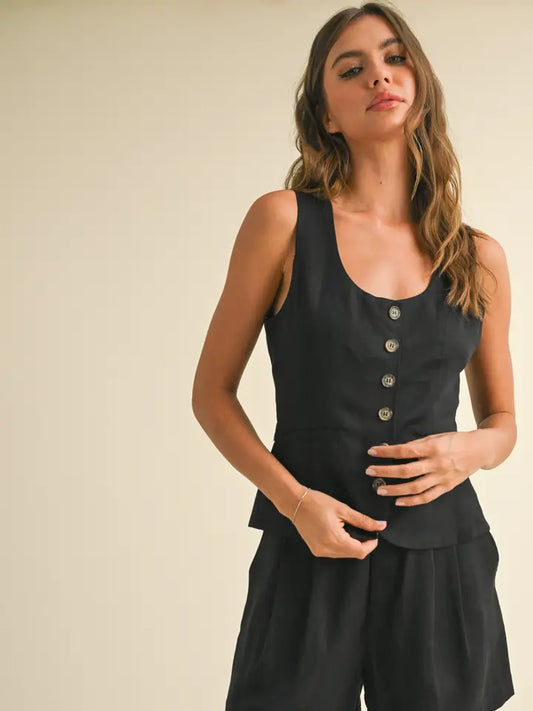 Tencel Button Front Vest - Black