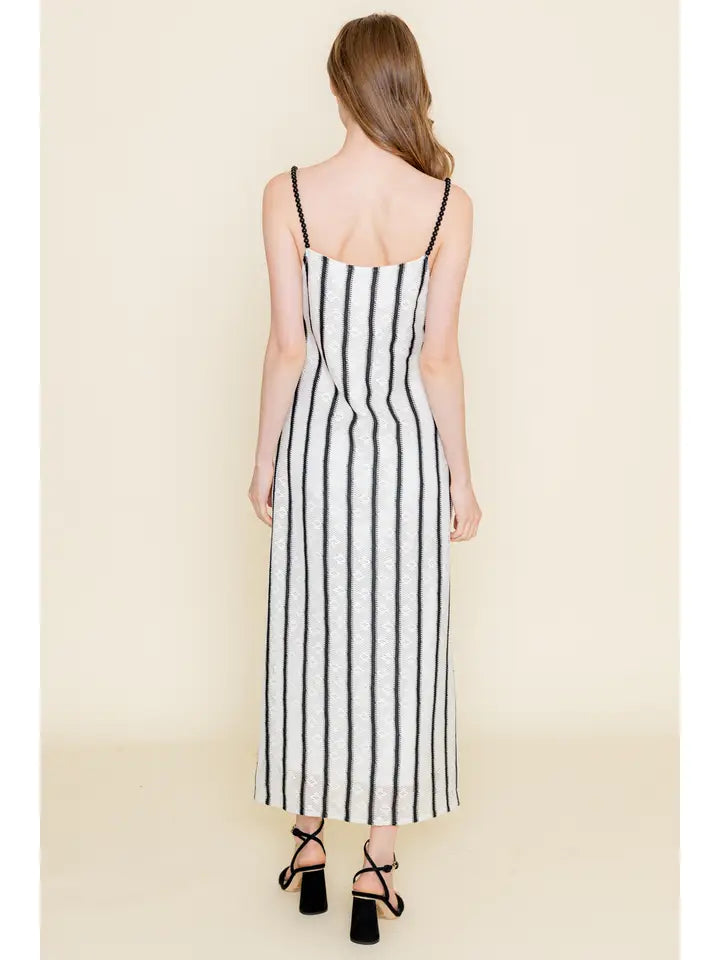 Resort Striped Bead Strap Knit Maxi Dress - Ivory + Black