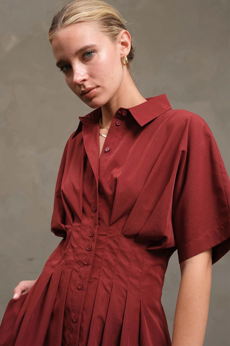 Wide Pintuck Shirt Dress - Burgundy