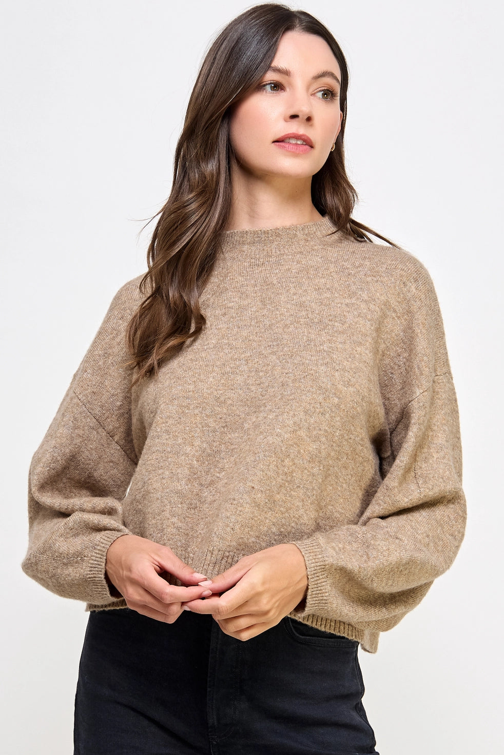 Crew Neck Balloon Sleeve Sweater - Mocha