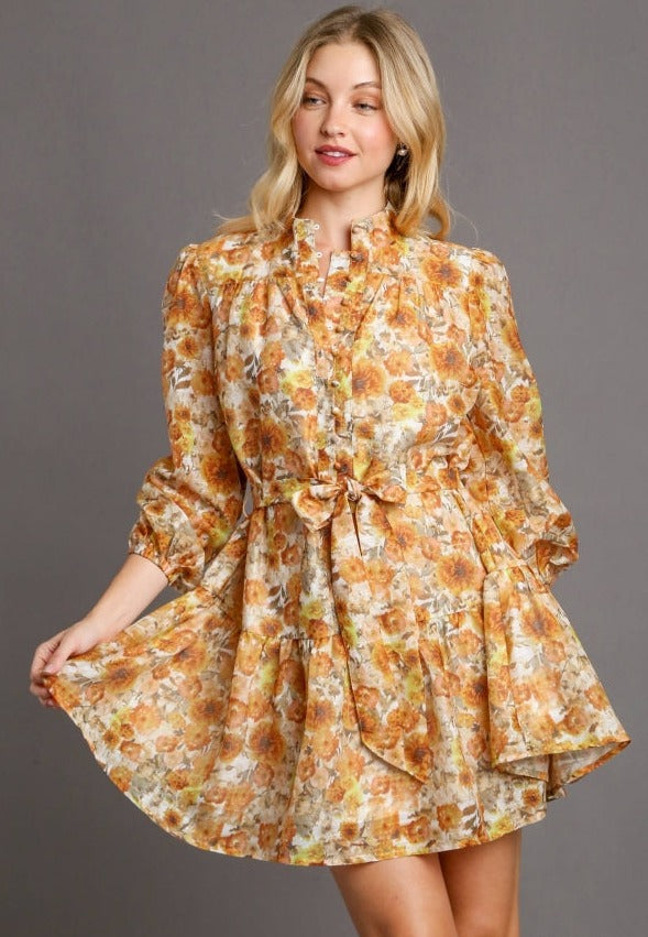 Floral High Mock Neck Dress - Mustard