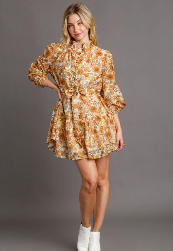 Floral High Mock Neck Dress - Mustard