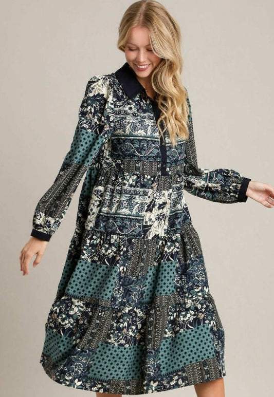 Tiered Midi Dress - Patchwork Design