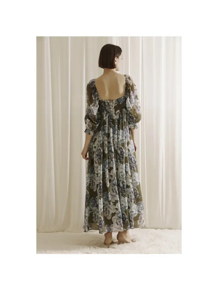 Floral Baby Doll Maxi Dress - Olive/Blue