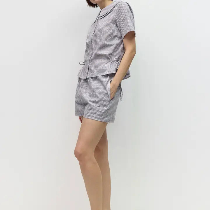 Plaid Elastic Waist Shorts - Blue & Ivory