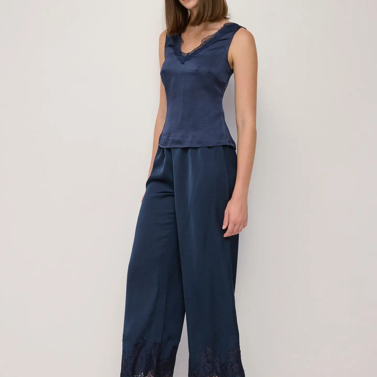 Elastic Wide Leg Satin Pant - Navy