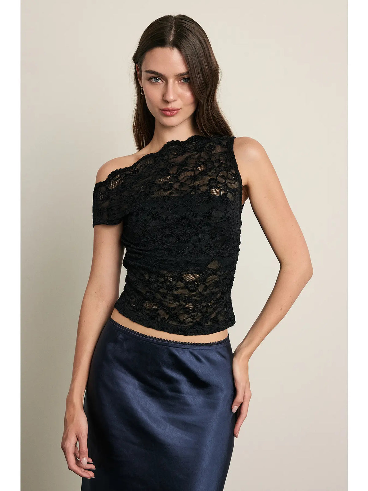 One-Shoulder Ruched Lace Top - Black