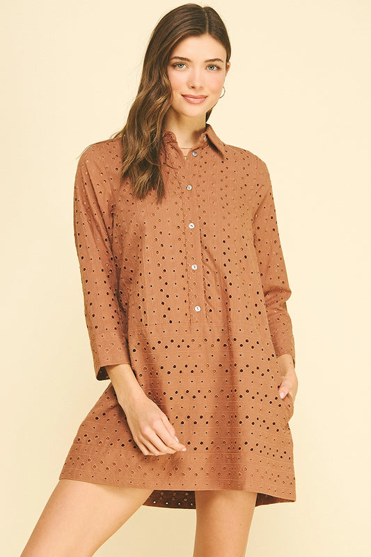 Eyelet Detailed Mini Dress - Brown