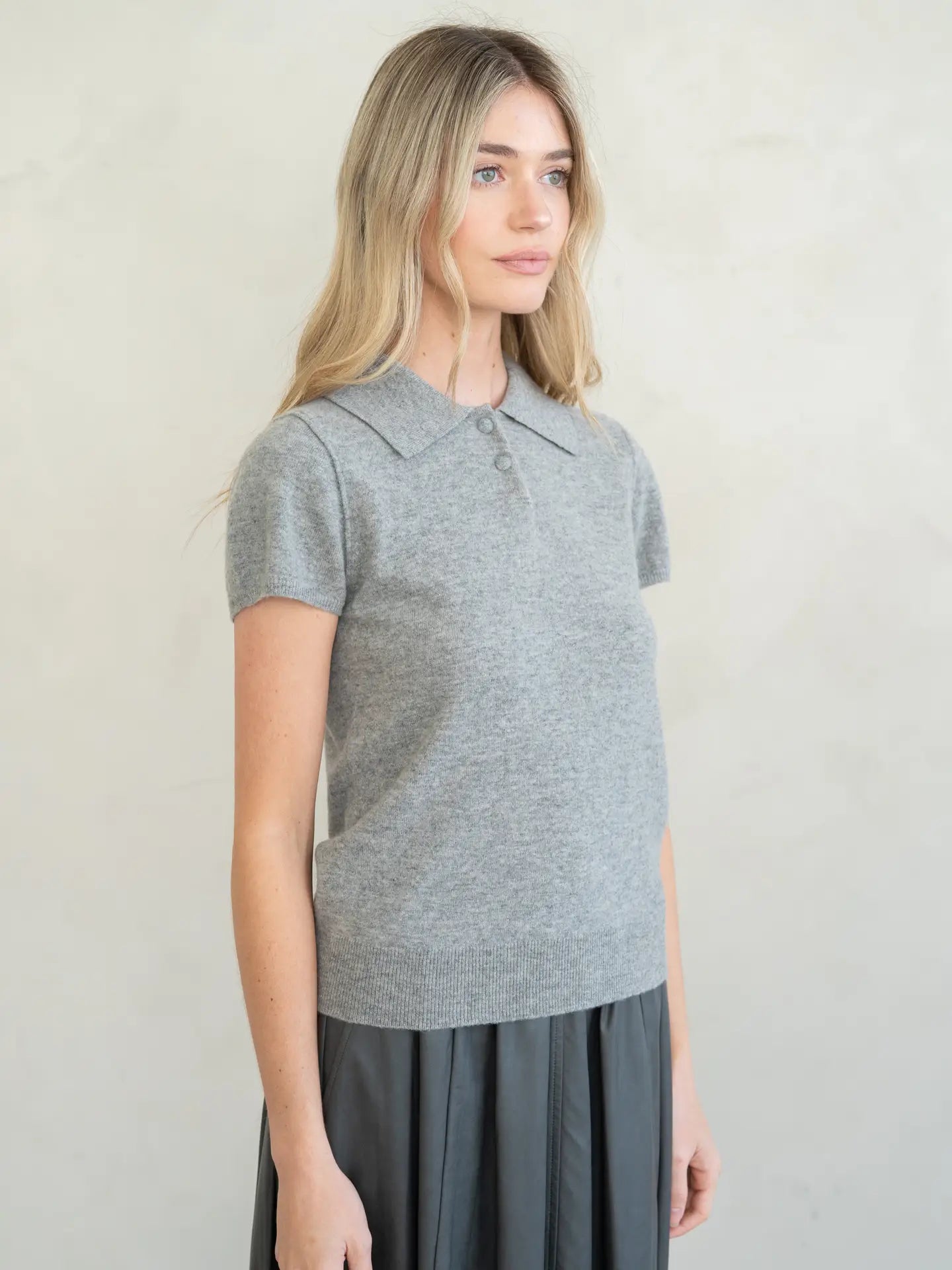 Refined Cap Sleeve Polo Sweater Top - Grey