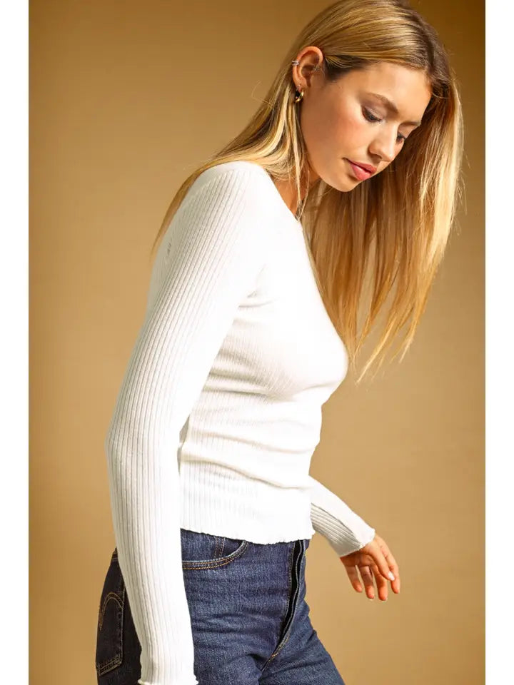 Long Sleeve Ribbed Top - Ivory