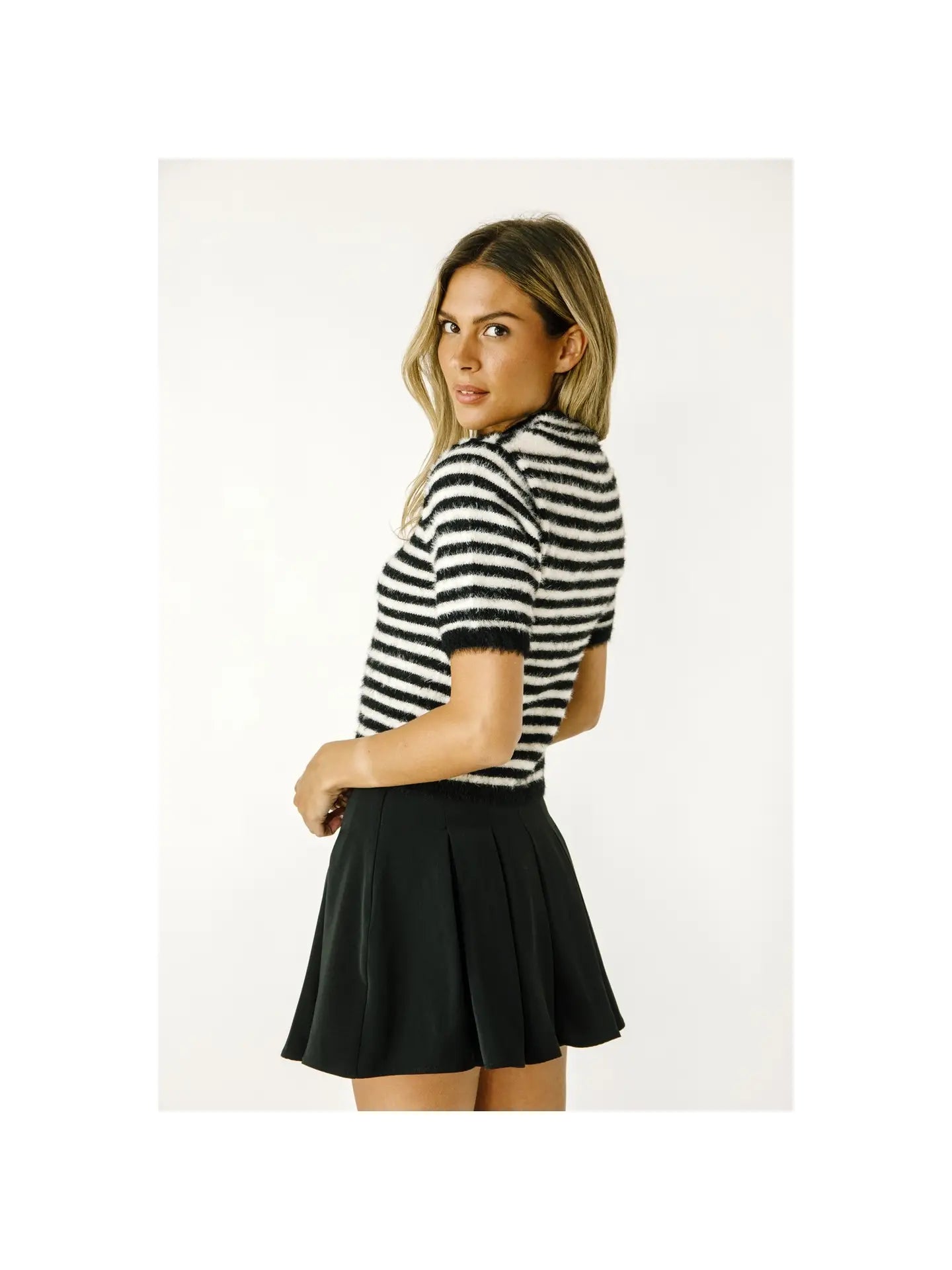 Short Sleeve Fuzzy Top - Black + White Stripe