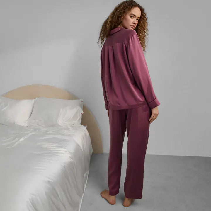 Lunya - Washable Silk Piped Long Sleeve Pant Set - Winter Rose/Calliope Wine