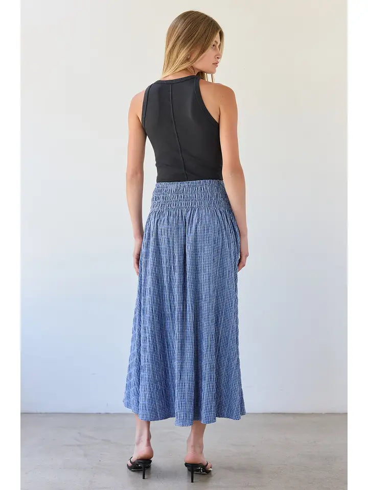 Smocked Waist Midi Skirt - Blue Check