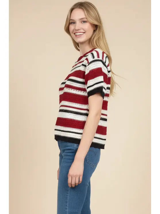 Striped Short Sleeve Crochet Knit Top - Red Multi