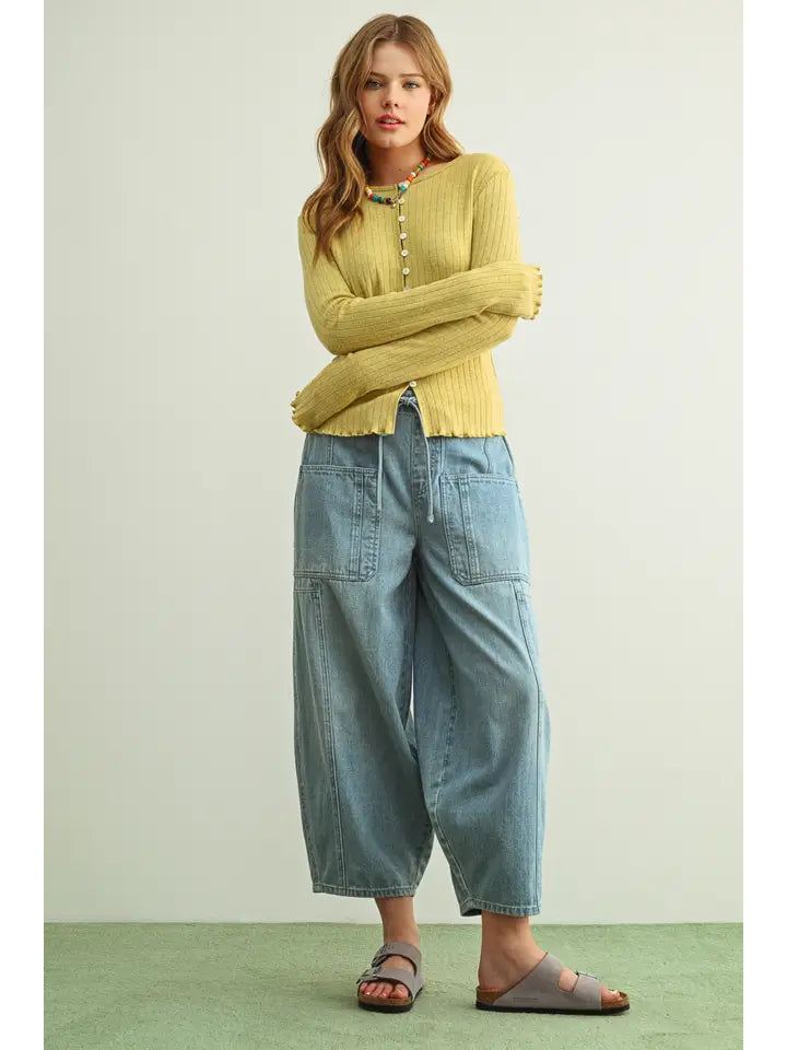Button Front Ribbed Long Sleeve Knitted Top - Green Fig