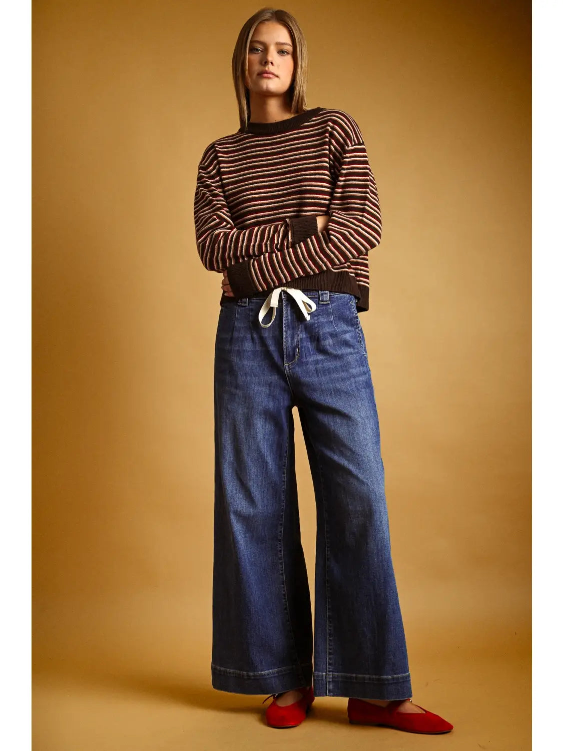 Striped Round Neck Knit Top - Brown Multi