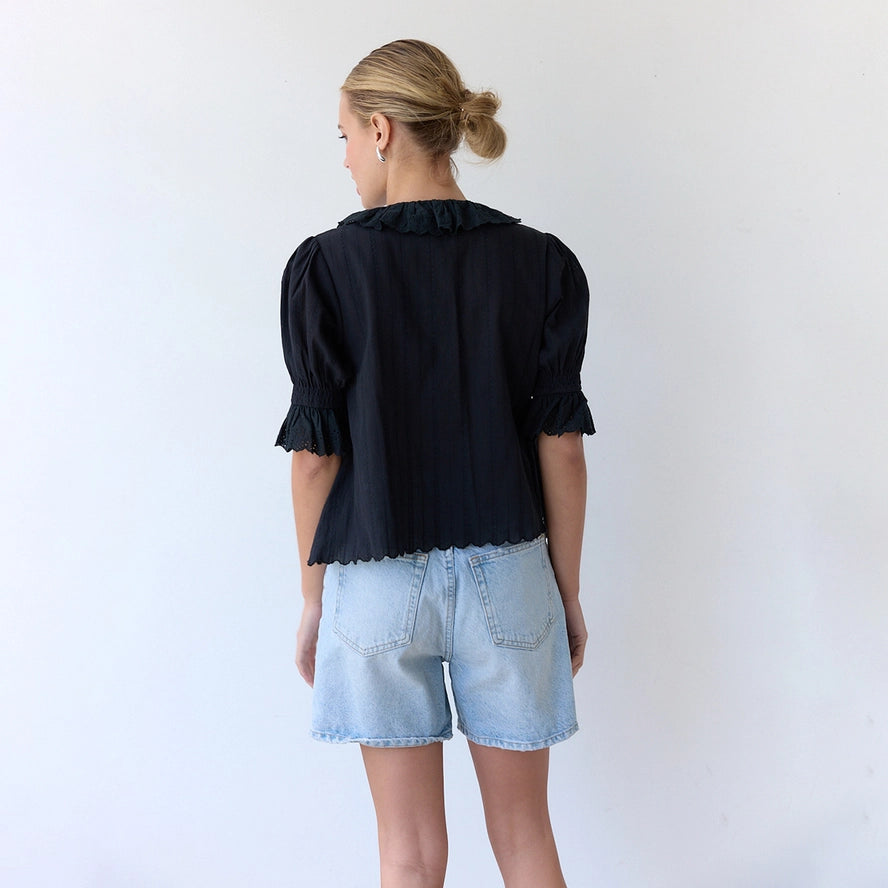 V-Neck Ruffle Blouse - Black