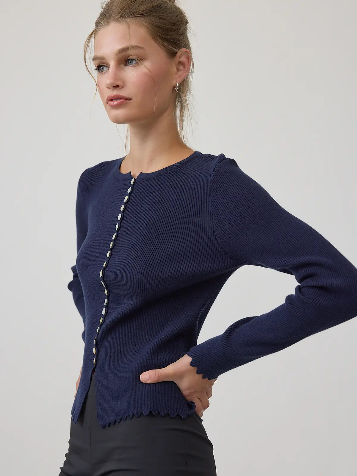 Button Ribbed Knit Cardigan - Navy