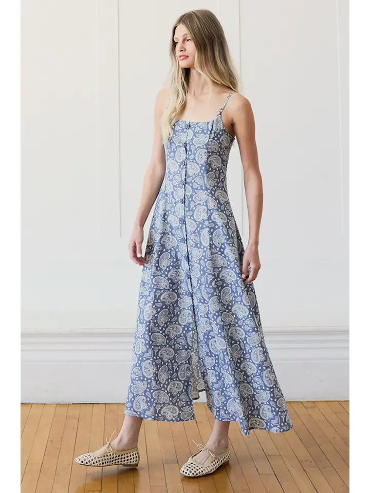Paisley Smocked Back Midi Dress - Slate Blue
