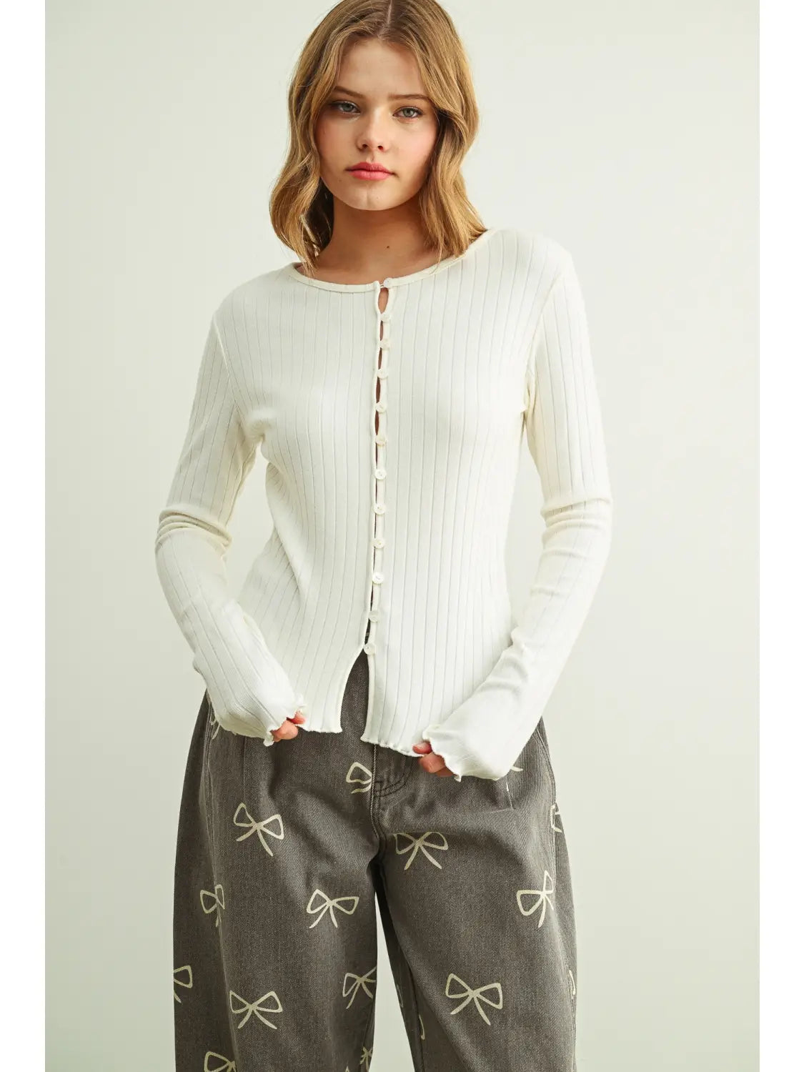 Button Front Ribbed Long Sleeve Knitted Top - Cream