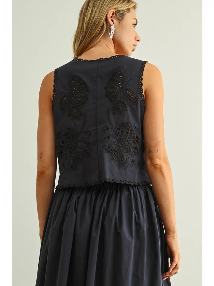 Embroidery Tie Front Sleeveless Top - Navy