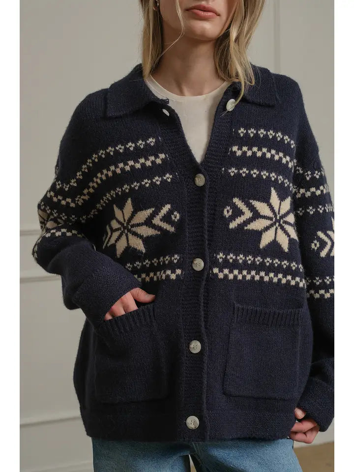 Nordic Snowflake Knit Cardigan - Navy