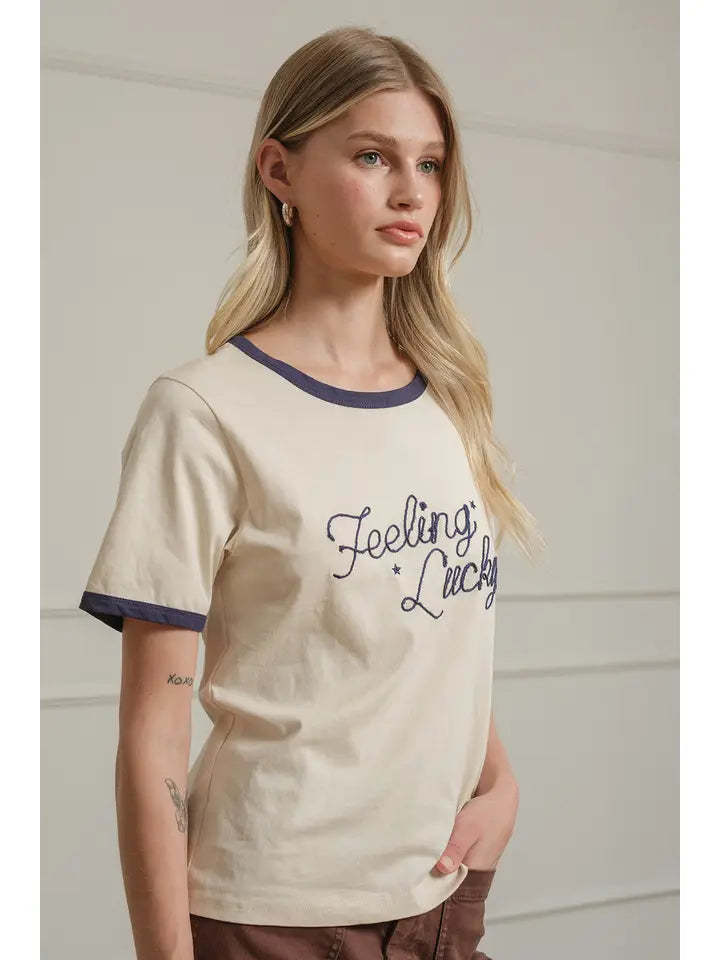 Feeling Lucky Embroidered Tee - Cream/Navy