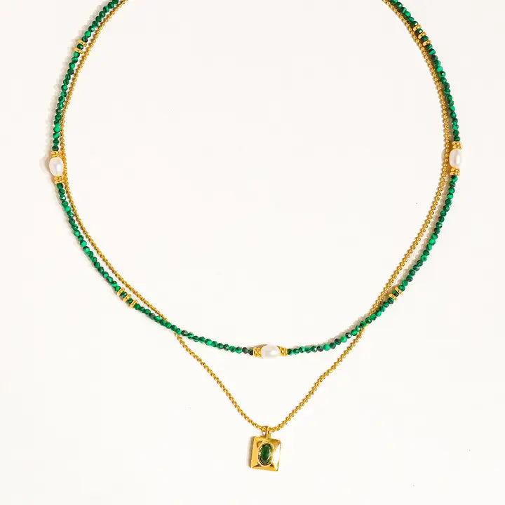 Harlynn 18K Gold Boho Green Beaded Layer Necklace - Green