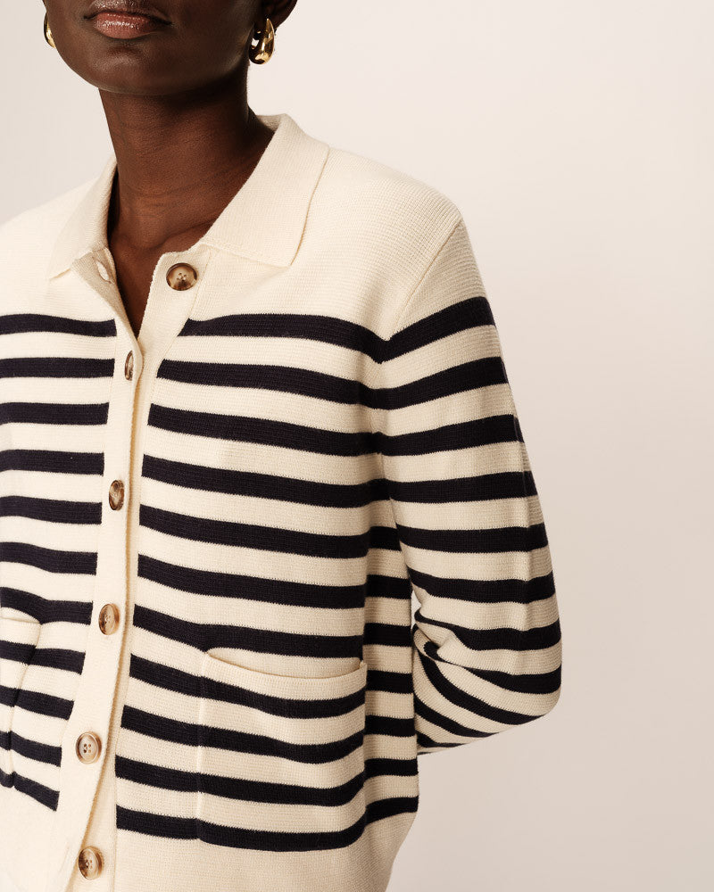 Pam Long Sleeve Cardigan - Navy & Cream Stripe