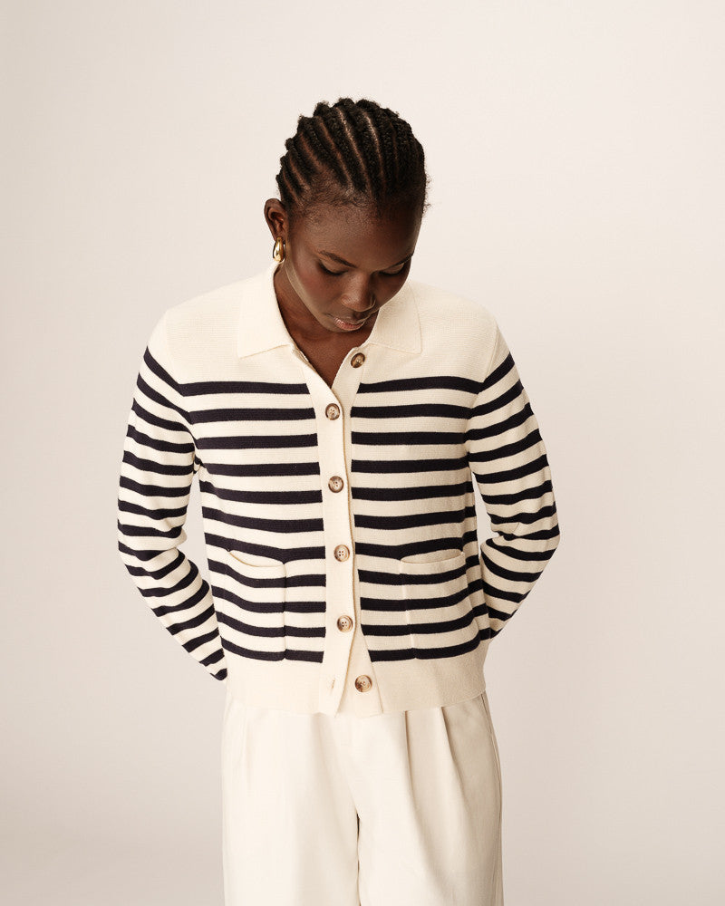 Pam Long Sleeve Cardigan - Navy & Cream Stripe