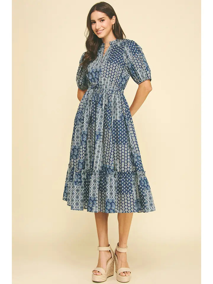 Tiered Midi Dress - Navy Floral